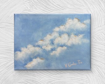 Paisaje de nubes pintado a mano en acrílico: lienzo con un cielo azul relajante (40 x 30 cm)