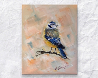 Pintura Serenata del Tit Azul: Serie de pájaros Jardin de Cornélia, Acrílico sobre lienzo (30 x 40 cm)