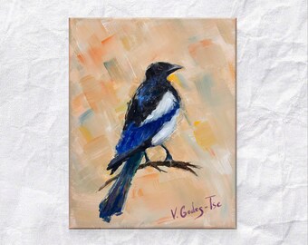 Pintura acrílica Urraca: Serie de pájaros Jardin de Cornélia, 30 x 40 cm