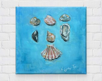 Cuadro de conchas marinas de Bretaña / Arte mural acrílico costero / 50 x 50 cm / Decoración del hogar