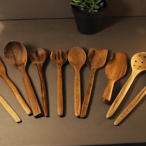 Handmade Wooden Kitchen Utensil Set – Natural Walnut Wood Cooking Spoons, Spatula or Ladle for Cooking, Serving, Kitch or Decor, Mom gift