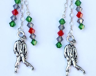 Halloween Zombie Dangle Drop Earrings Red, Green & Purple Swarovski Crystal Czech Glass Sterling Silver Ear Wires Pewter 3in Handmade