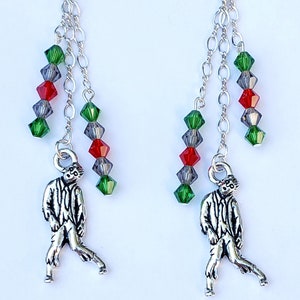 Halloween Zombie Dangle Drop Earrings Red, Green & Purple Swarovski Crystal Czech Glass Sterling Silver Ear Wires Pewter 3in Handmade