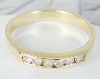 Vintage diamond Hochzeitsband Ring | 14k gelbes Gold 6 Stein feine Braut Verlobung Stapelschmuck | geometrischer Art-Deco-Stil | Größe 6 3/4
