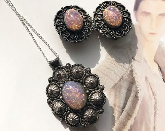Vintage Sterling Silber Simulierte Opal Schmuck Set: Art Deco Brosche, Ohrringe