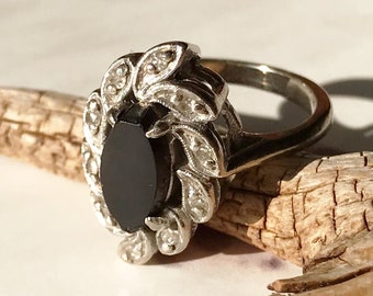 Vintage diamond and onyx ring | retro 1960's 14k white gold cocktail ring | black stone oval ring | size 3.75