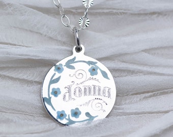 Love Token with Forget Me Not Flowers - Personalized Custom Engraved Jewelry - Mourning Jewelry