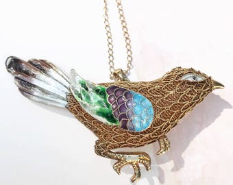Vintage Chinese Export Bird Pendant: Enamel Filigree Silver Gilt Necklace