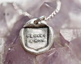 Collana di charm sigillo di cera romantico d'amore / Pensa a me Pensez a Moi francese / ricordo gioielli d'amore a lunga distanza / charm personalizzato