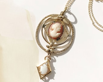 Vintage lavalier necklace | retro simulated opal, diamond and cameo lavalier bridal bride necklace | romantic statement necklace