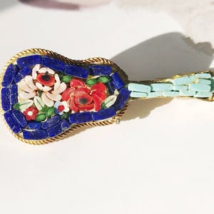 Vintage Micromosaic Guitar Brooch: Italian Floral Glass Mosaic Jewelry
