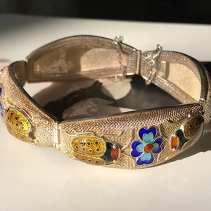 Vintage flower and ladybug bracelet | rare 1930&#39;s Chinese export gilt with enamel jewelry | Art Deco nature hinged bracelet | good luck
