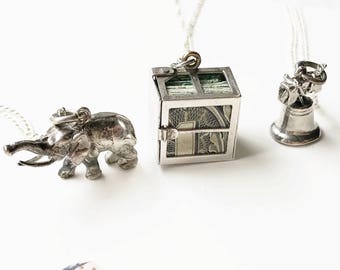 Vintage Sterling Silver Charm Necklace: Elephant, Liberty Bell, Dollar Bill