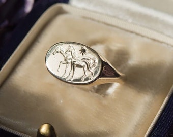 Horse signet ring | custom 14k gold two horses with a north star | hand engraved antique intaglio style signet | custom divorce ring jewelry