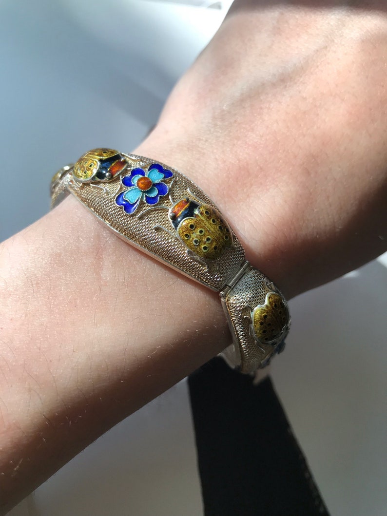 Vintage flower and ladybug bracelet rare 1930's Chinese export gilt with enamel jewelry Art Deco nature hinged bracelet good luck image 4