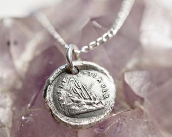 French ship wax seal charm necklace | Telle est la vie such is life | difficulty mourning courage survivor jewelry | ship at sea | Victorian