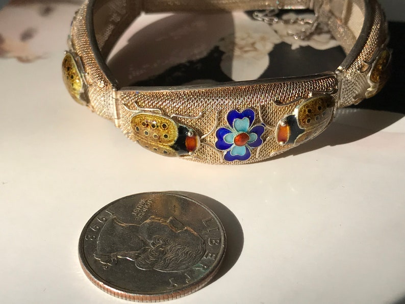 Vintage flower and ladybug bracelet rare 1930's Chinese export gilt with enamel jewelry Art Deco nature hinged bracelet good luck image 8