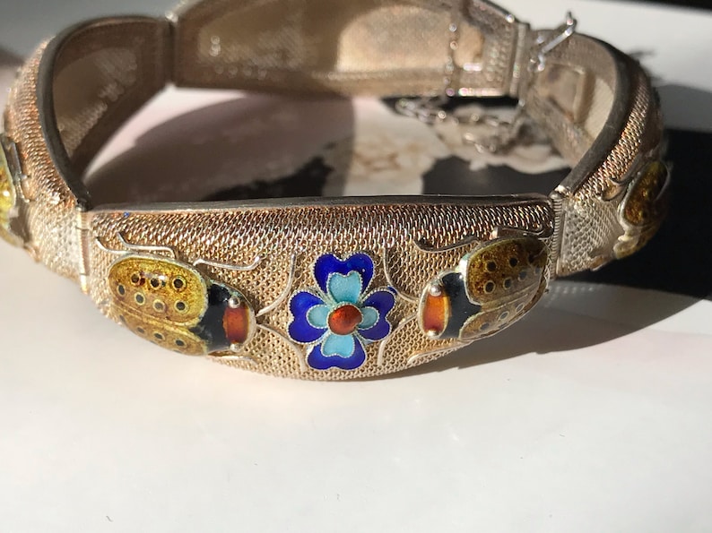 Vintage flower and ladybug bracelet rare 1930's Chinese export gilt with enamel jewelry Art Deco nature hinged bracelet good luck image 2