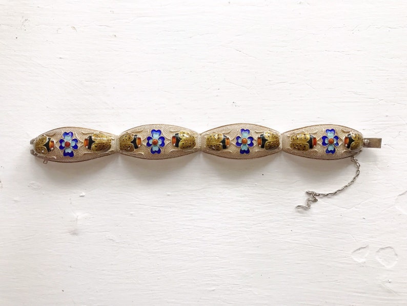 Vintage flower and ladybug bracelet rare 1930's Chinese export gilt with enamel jewelry Art Deco nature hinged bracelet good luck image 6