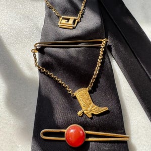 Vintage tie bars | 1950&#39;s retro Swank tie accessory | letter J, cowboy boot, carnelian glass | gift for him groom | men&#39;s fashion accessory