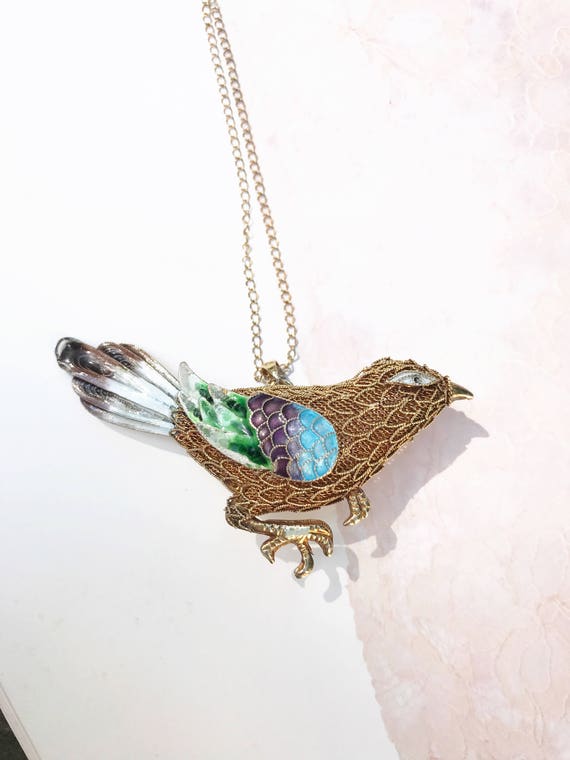 Rare Chinese export enamel bird brooch necklace |… - image 1