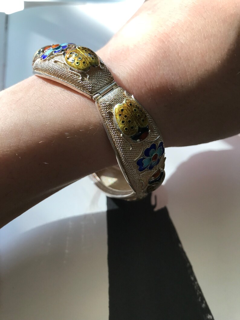 Vintage flower and ladybug bracelet rare 1930's Chinese export gilt with enamel jewelry Art Deco nature hinged bracelet good luck image 5