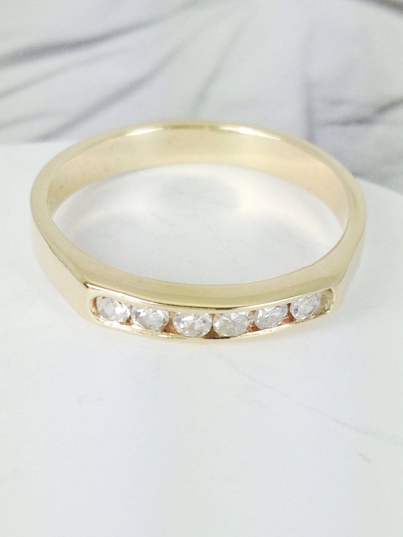 Vintage diamond wedding band ring 14k yellow gold 6 stone fine bridal engagement stacking jewelry geometric Art Deco style size 6 3/4 image 1