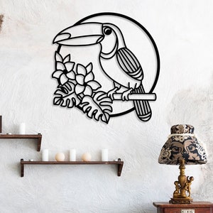 Decoración de pared de FLOR DE PÁJARO DE TUCAN, Arte de pared de metal, Pájaro de dinero de riqueza, Símbolo de la suerte 777, Decoración de la casa tropical, Cartel de la pared de la naturaleza, Pájaro de la libertad