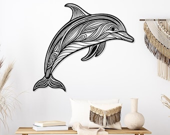 Delfín de arte lineal: decoración de pared de metal, colgante costero