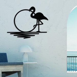 Decoración de pared de metal al atardecer, cartel de casa de playa, letrero de flamenco, arte de la vida natural, regalo de inauguración de la casa, colgante de pared moderno, decoración de pared minimalista
