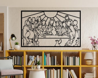 Puede incluir: Arte de pared de metal negro que representa la Última Cena, con un grupo de figuras reunidas alrededor de una mesa. La obra de arte está enmarcada en un rectángulo negro y tiene un diseño de sol radiante en el fondo.