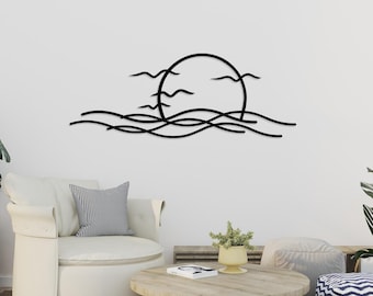 Arte de pared de metal con olas marinas, decoración de pared con luna, arte de pared con gaviotas, vista al mar, regalo para amantes del océano, decoración de playa, regalo de inauguración de la casa, arte de pared