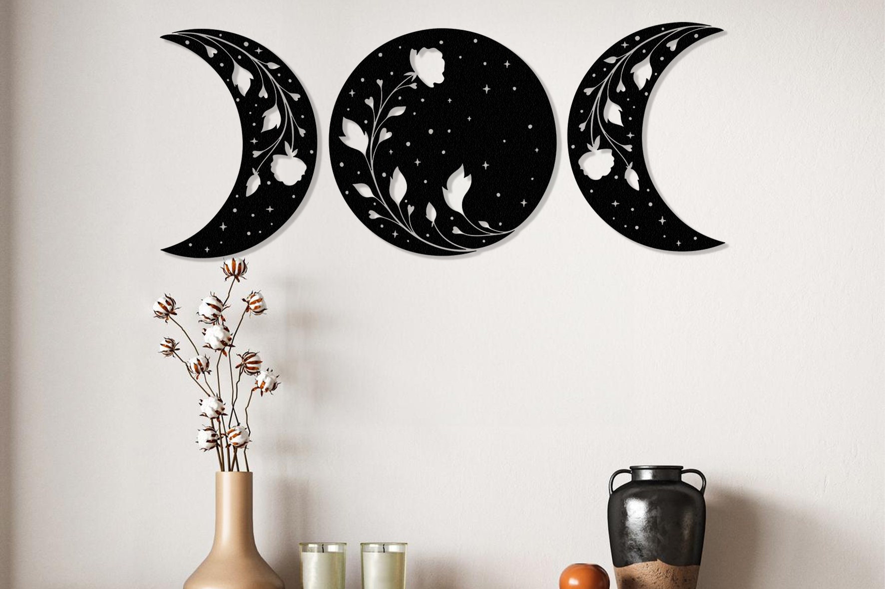 Moon Phases Metal Wall Art, Metal Ramadan Moon, 3 Piece Moon, Floral ...