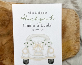 Carte de félicitations de mariage personnalisée, carte de vœux de mariage pour les mariés, avec voiture de mariage