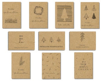 Set aus 10 handgefertigten Weihnachtskarten auf hochwertigem Kraftpapier | A7 Klappkarten für festliche Weihnachtsgrüße