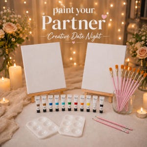 Könnte beinhalten: Zwei leere weiße Leinwände auf Holzstaffeleien, elf kleine Acrylfarbentuben, zwei weiße Kunststoffpaletten, ein Glas mit Pinseln mit rosa Griffen und zwei rosa Stifte. Der Text lautet: paint your Partner Creative Date Night.