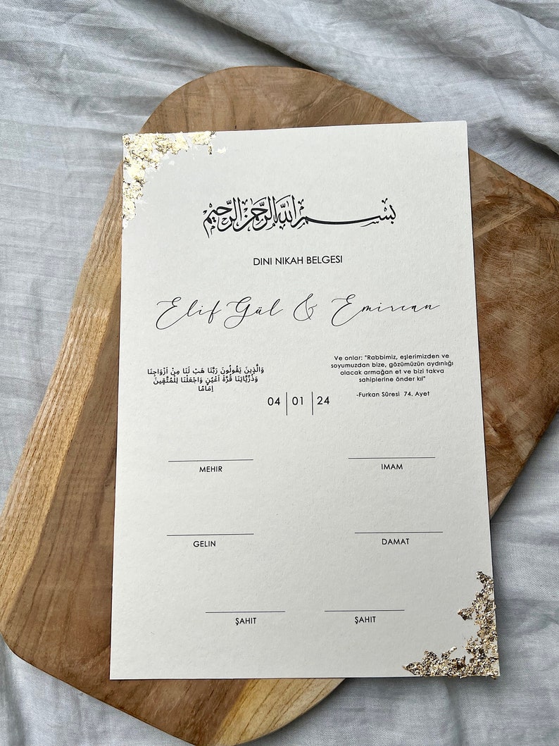 May include: A white document with gold accents, titled "Dini Nikah Belgesi" (Religious Marriage Certificate) in black text. The document is for a marriage ceremony between Elif Gal and Eminen. The date of the ceremony is 04 01 24. The document includes sections for the officiant, witnesses, and the bride and groom.