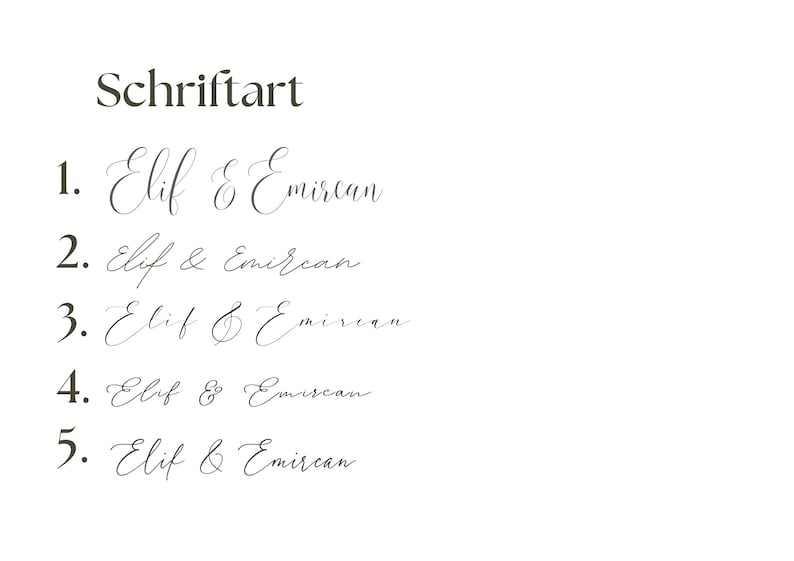 May include: A list of five different font styles, each labeled with a number and the words "Elif & Emircan". The font styles are all cursive and vary slightly in their letterforms.