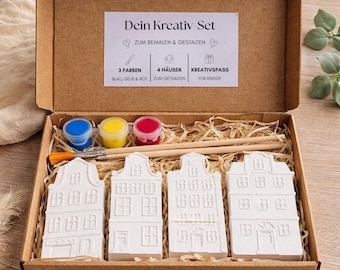 Knutselset voor kinderen – Gipsen huisjes schilderen | Creatieve set voor kinderen | Schilderset cadeau voor kinderen | Doe-het-zelf set met verf en kwasten