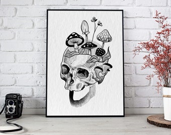 Dotwork & Blackwork Skull: Forest Mystique - Intricate Art with Mushroom Theme