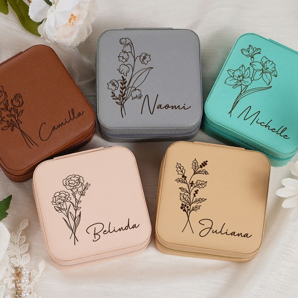 Personalized Travel Jewelry Box, Birth Flower Jewelry Travel Case, Birthday Gift for Women, Gift for Her, Mothers Day Gift,Bridesmaid Gifts