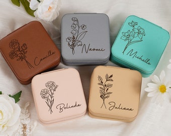 Personalized Travel Jewelry Box, Birth Flower Jewelry Travel Case, Birthday Gift for Women, Gift for Her, Mothers Day Gift,Bridesmaid Gifts