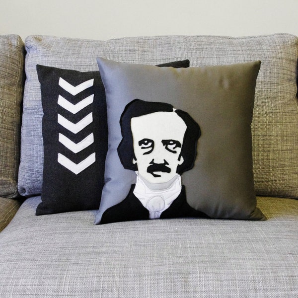 Edgar Allan Poe Decorative Pillow - On Gray Fabric