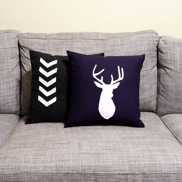 PRIVATE LISTING for SARAH! Navy Blue & White Decorative Deer Pillow Cushion - For Your Man Cave