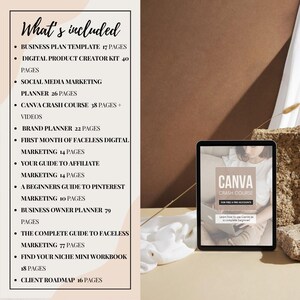 May include: A list of digital products for business owners, including a Canva crash course, a business plan template, and a social media marketing planner. The image also shows a laptop screen with the text "Canva Crash Course" on it.
