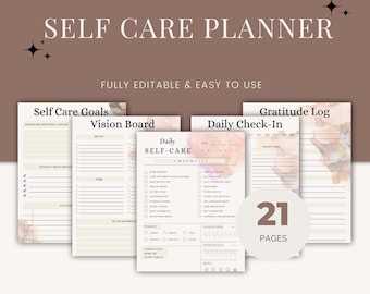 May include: A printable self-care planner with 21 pages. The planner includes sections for self-care goals, a vision board, a daily self-care checklist, a daily check-in, and a gratitude log. The pages have a watercolour background with pink and brown hues.