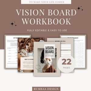 Puede incluir: Un cuaderno de trabajo de tablero de visión con 22 páginas. La portada presenta a una mujer con un vestido blanco con el texto "Vision Board Workbook" y "Dare to Dream".