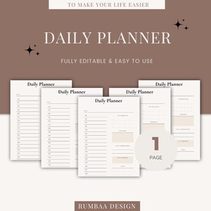 May include: A set of five printable daily planner pages with the text "Daily Planner" at the top of each page. The pages are designed in a minimalist style with a simple black and white color scheme. The text "RUMBAA DESIGN" is at the bottom of the page. The text "1 PAGE" is in a circle on the right side of the page.