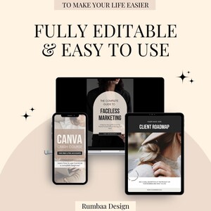 May include: A digital marketing resource bundle with three templates: a Canva crash course, a guide to faceless marketing, and a client roadmap. The templates are displayed on a laptop, phone, and tablet, respectively. The text "FULLY EDITABLE & EASY TO USE" is displayed at the top of the image.