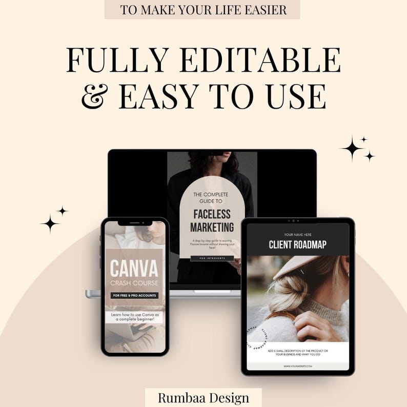 May include: A digital marketing resource bundle with three templates: a Canva crash course, a guide to faceless marketing, and a client roadmap. The templates are displayed on a laptop, phone, and tablet, respectively. The text "FULLY EDITABLE & EASY TO USE" is displayed at the top of the image.